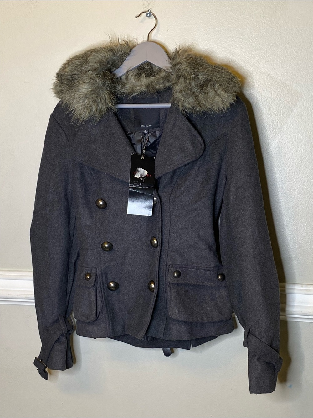 therapy Charcoal Gray Peacoat with Faux Fur Trim